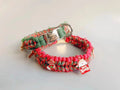 Green and red dog leash with metal P-chain, rope handle, and release buckle options