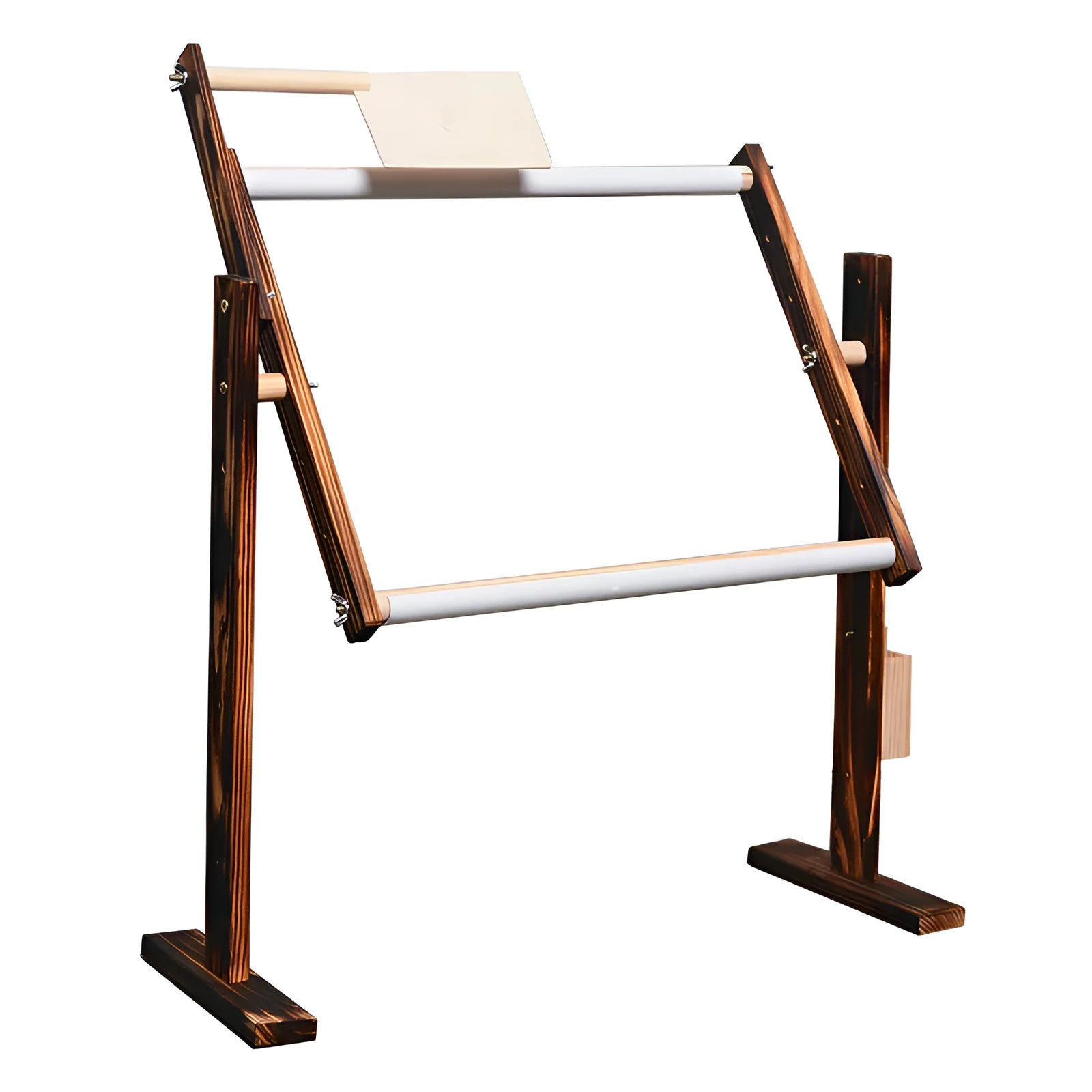 Adjustable height pine wood cross stitch frame in log colour small on desktop