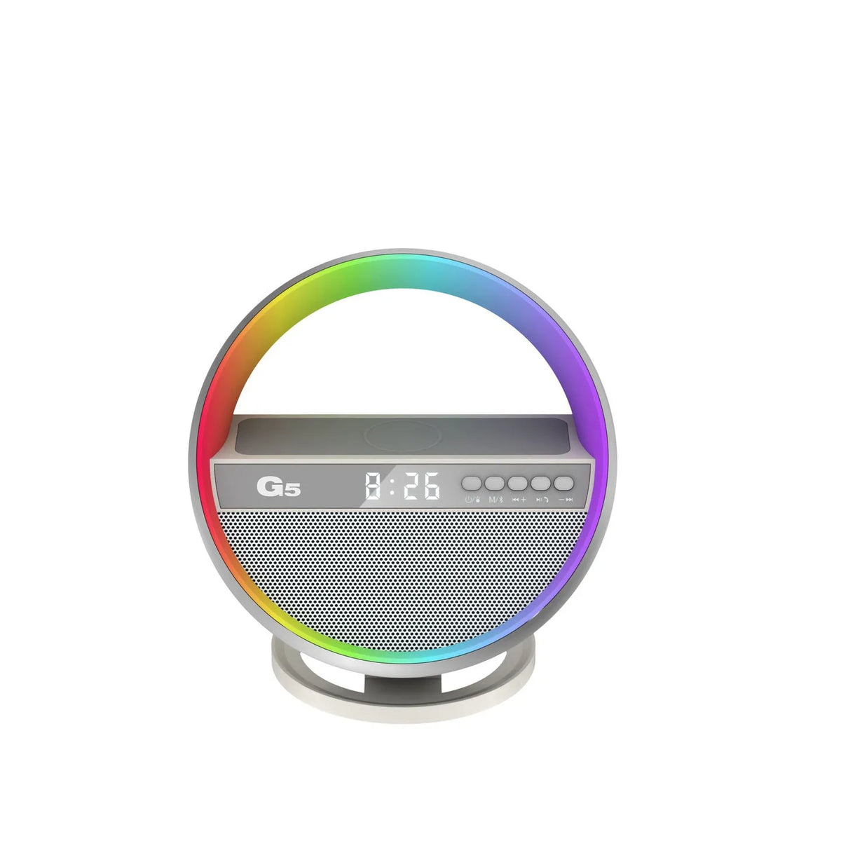 White multifunction RGB night light wireless charger and Bluetooth speaker on a desk with a smartphone on the charging pad