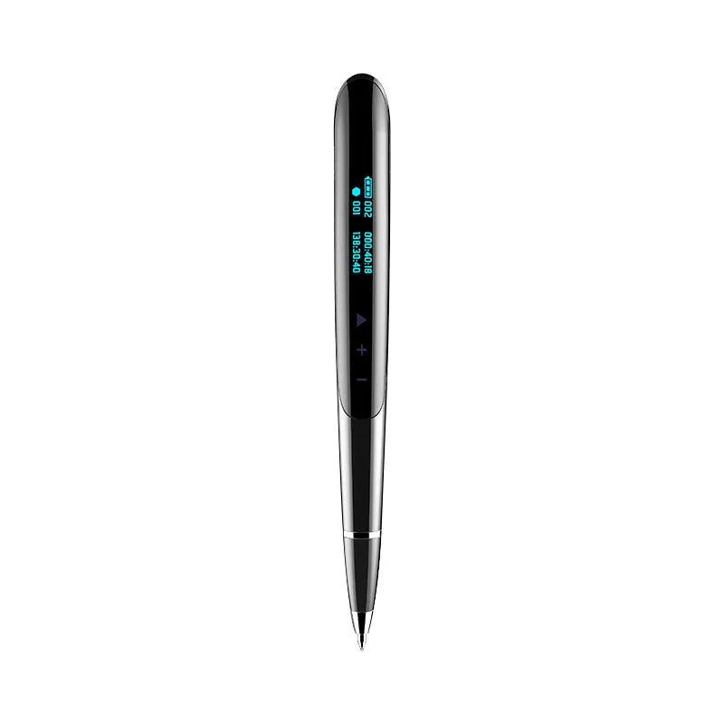Black and silver lossless recording pen with OLED display screen on a white background