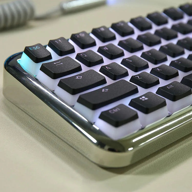 Double Skin Milk Pudding closed PBT transparent keycaps in pink and white for mechanical keyboard with RGB backlight visible