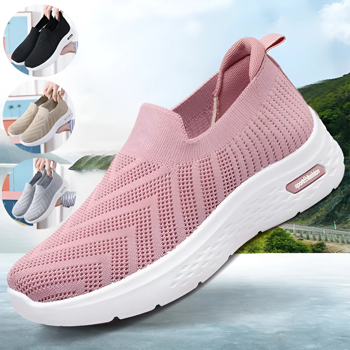 Women's casual mesh slip-on shoes, breathable sock style, soft plastic sole, available in black grey khaki pink