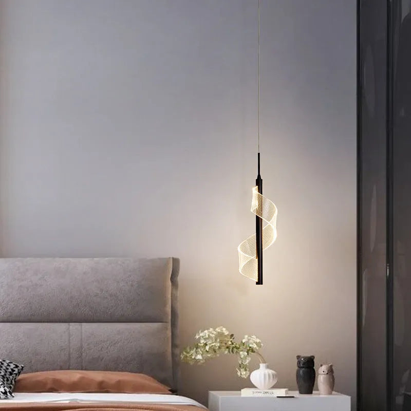 Modern simple bedside chandelier with iron frame and acrylic lampshade, LED light, available in black gold tricolour