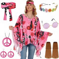 Tie dye patterned sleeveless cloak costume in rainbow colours for Halloween parties.