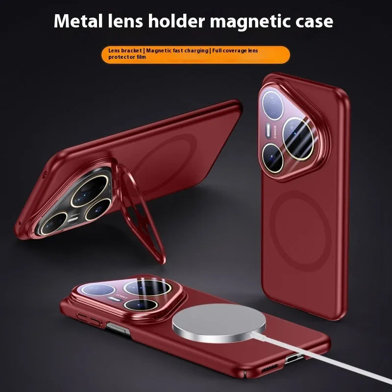 Huawei P80 Pro magnetic lens bracket phone case in frosted black finish showing back-mounted bracket