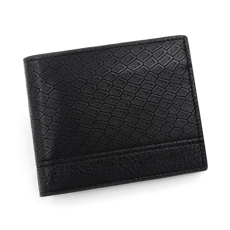 Men's PU leather embossed snake pattern wallet in earth brown with multiple card slots and coin pocket