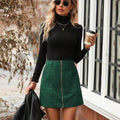 Women's high-waist short skirt with front zipper in black, camel, brick red and dark green colours