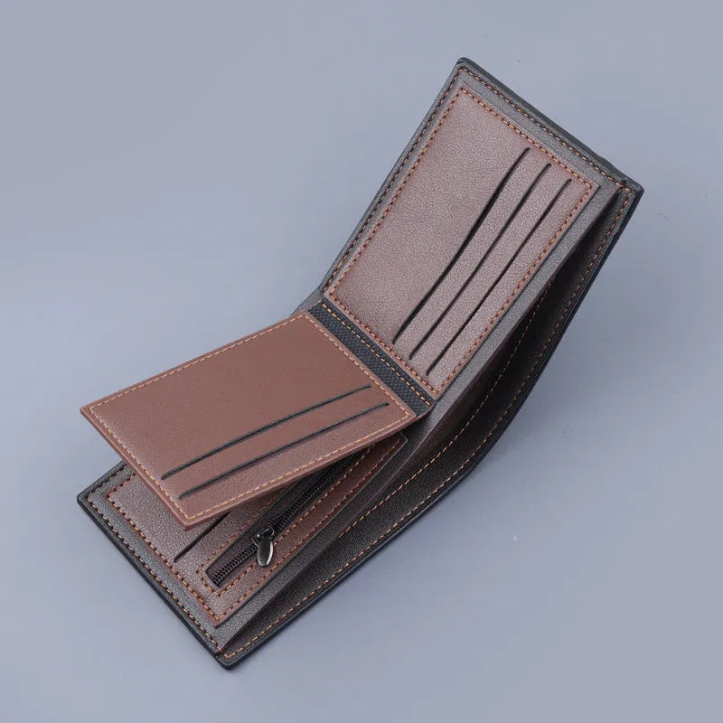 New men's short clip multifunctional coin purse in solid colour PU leather with stitched detailing, black colour option
