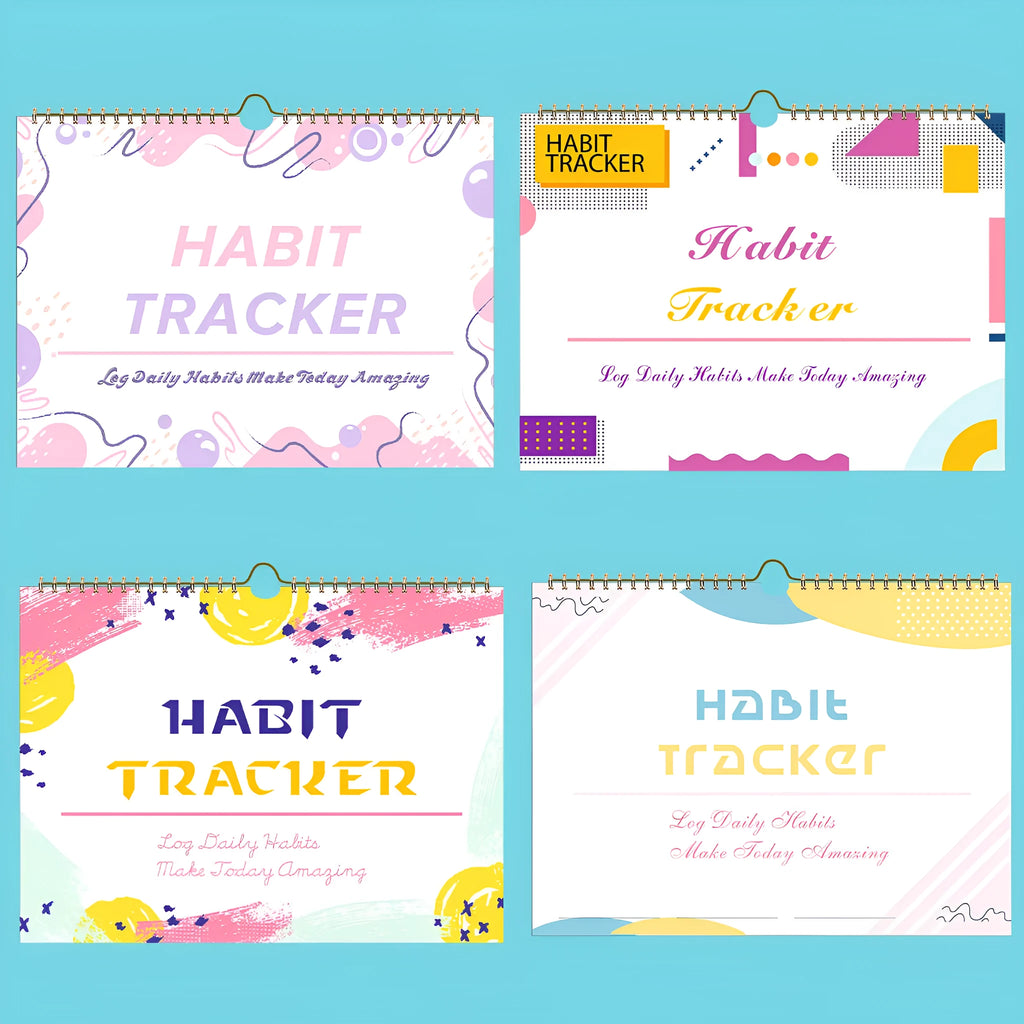 Habit tracking journal in four colour options showing 21cm × 28cm size