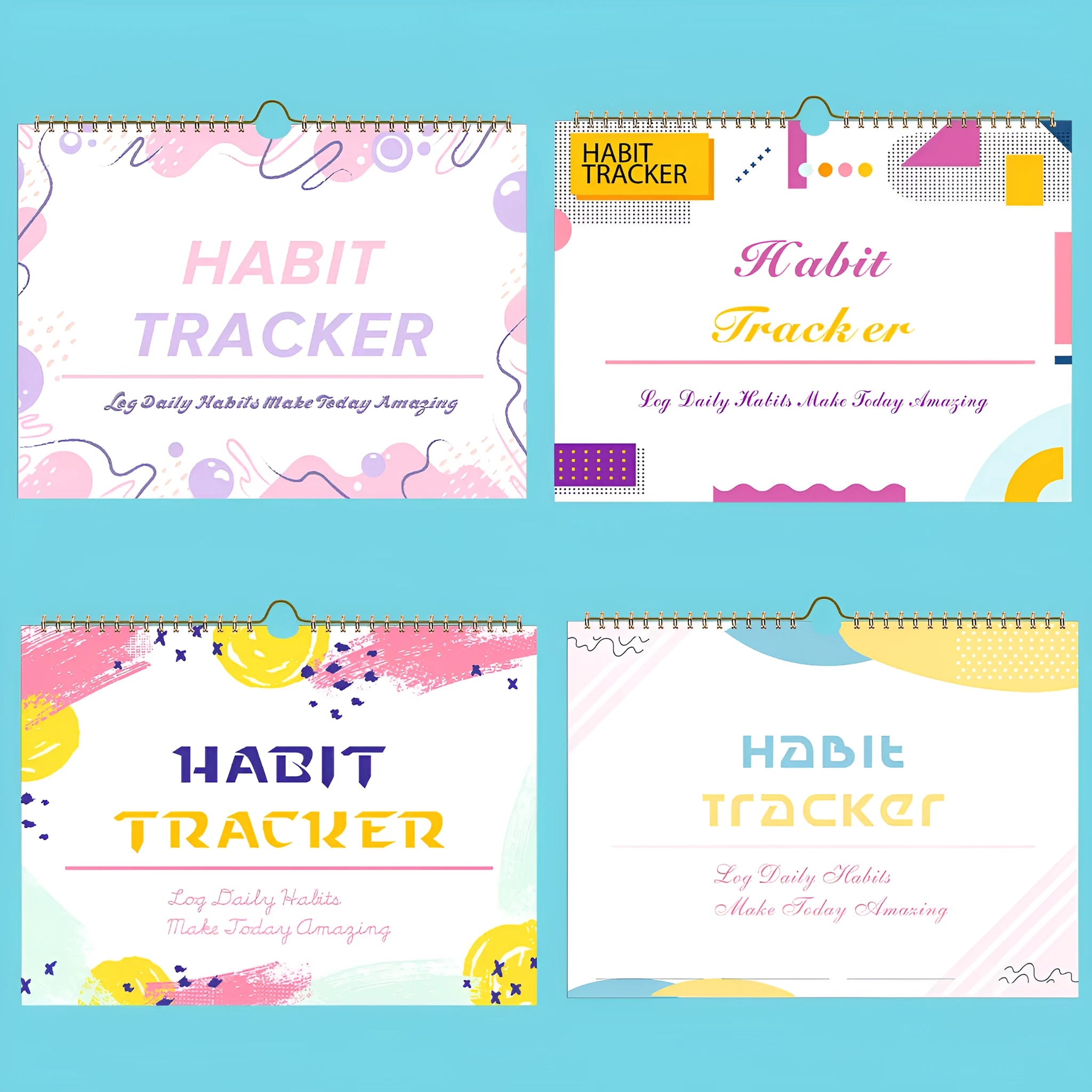 Habit tracking journal in four colour options showing 21cm × 28cm size
