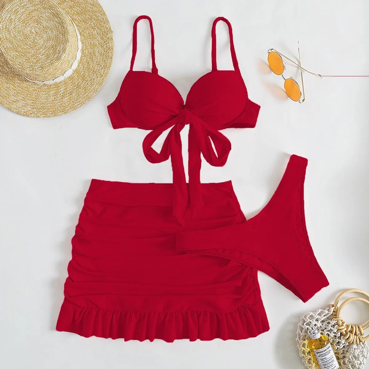 Women's floral swimsuit set with a bow and split-side design in pink, available in Asian sizes.