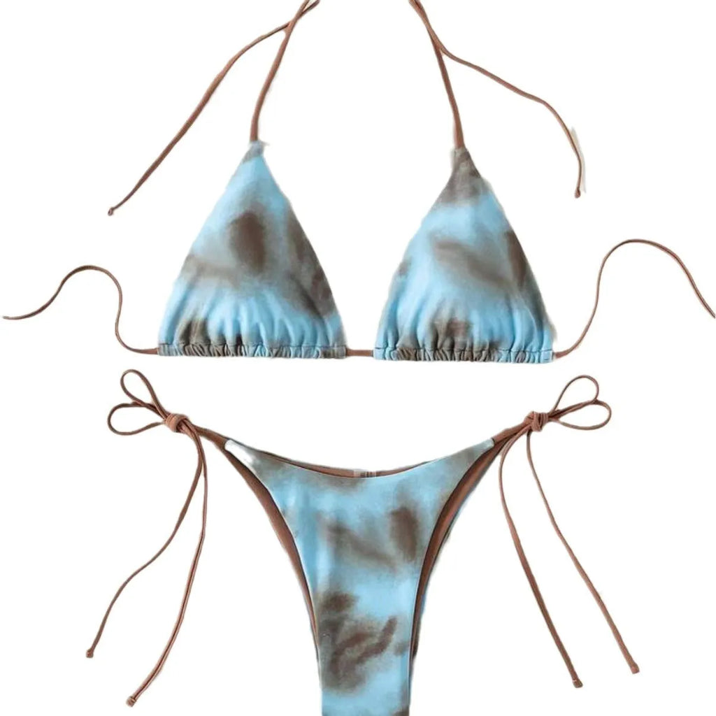 Women's two-piece lacing bikini set in brown and yellow polyester fabric