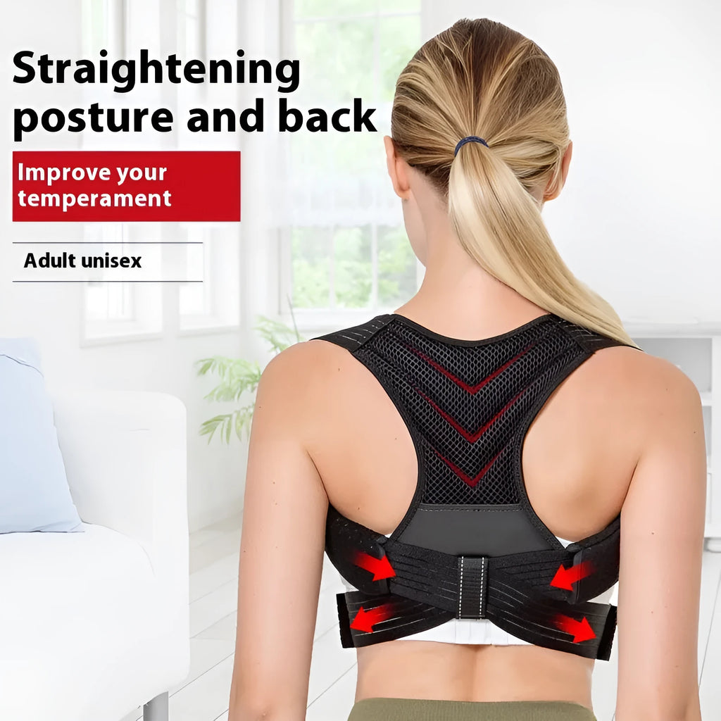 Anti-humpback correction belt in black polyester-nylon for posture support with open shoulders and high chest