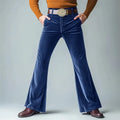 Men's gold velvet slim flared suit pants in black colour showing slight flare detail