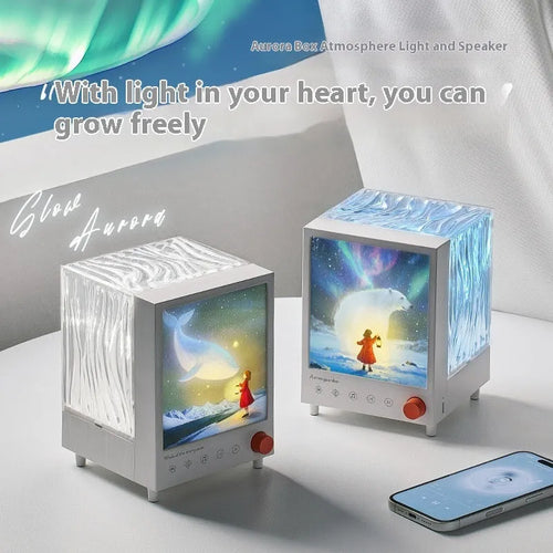 Aurora Treasure Box atmosphere projection lamp showing starry whale light pattern on a surface