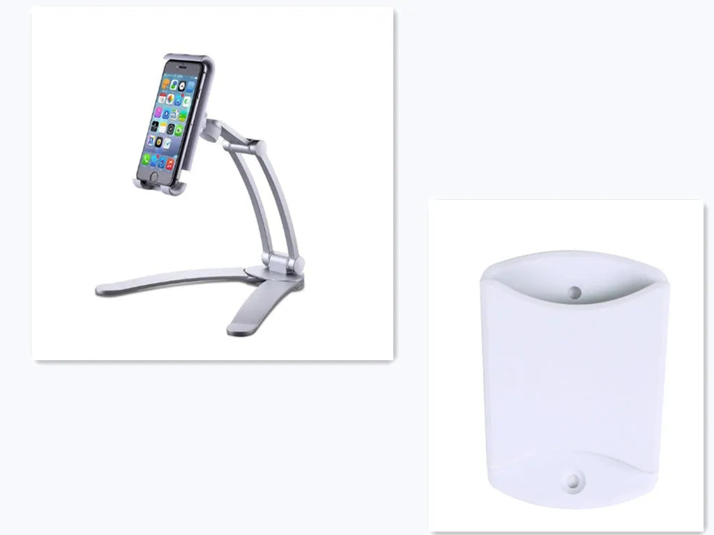 Silver aluminium alloy desktop tablet stand with adjustable holder and white mounting base on a wooden table.