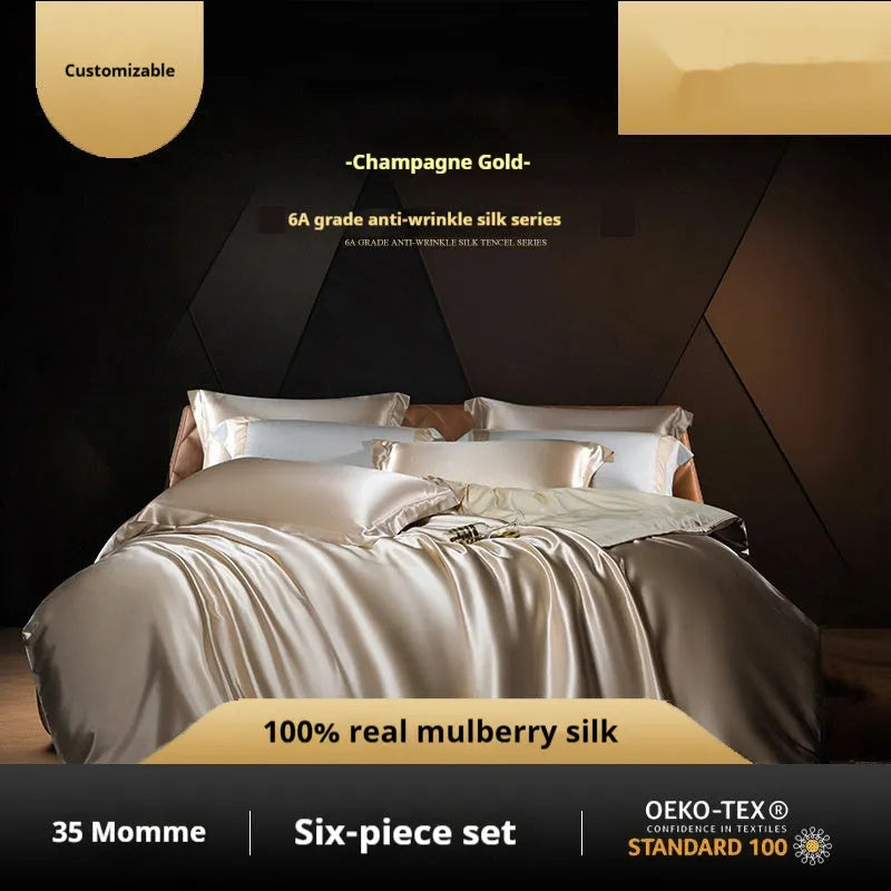 A silk four-piece quilt cover set in a solid colour, shown on a bed with matching sheets.