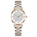 Starry women's quartz watch with 33mm dial, alloy strap, mineral glass mirror, and butterfly clasp on white background