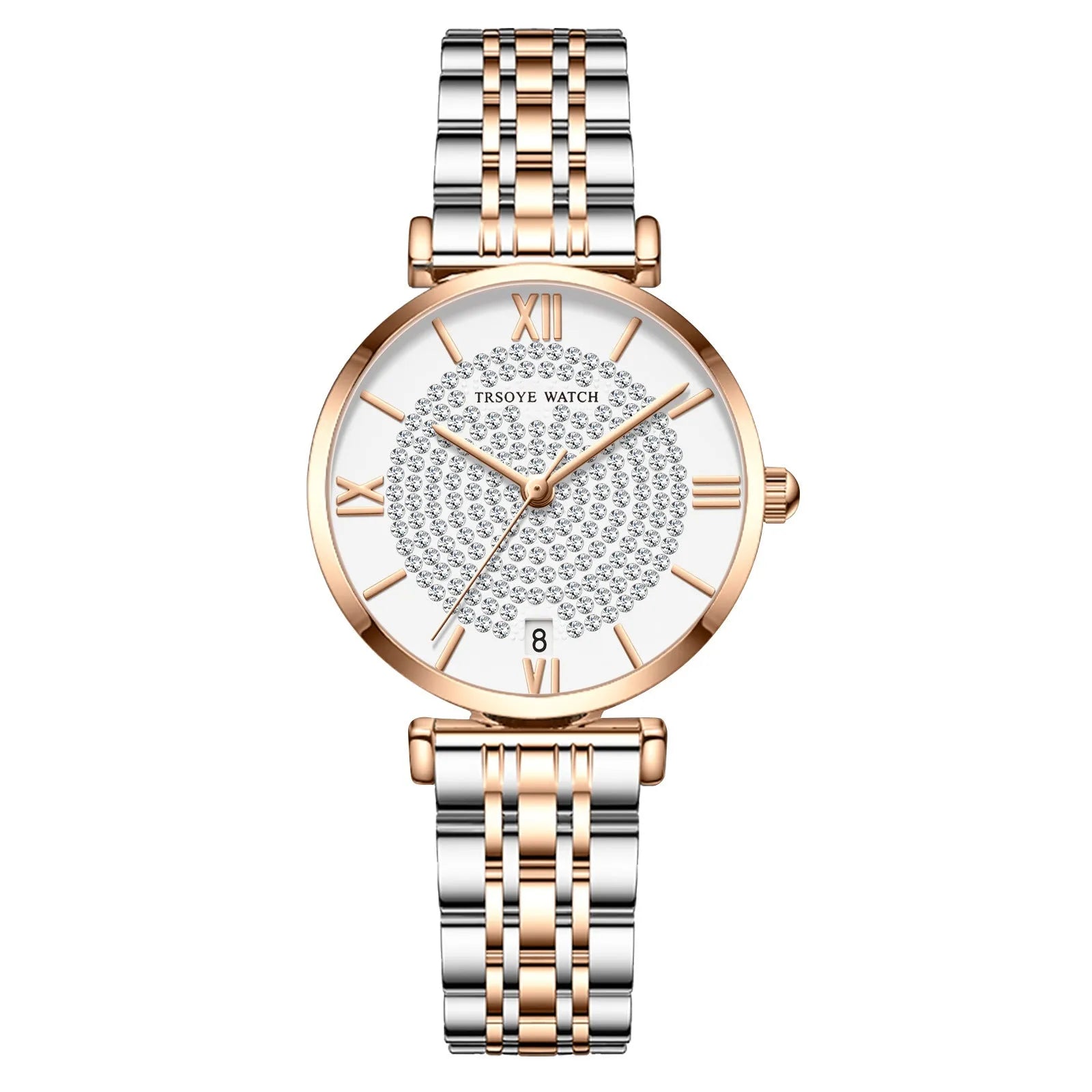 Starry women's quartz watch with 33mm dial, alloy strap, mineral glass mirror, and butterfly clasp on white background
