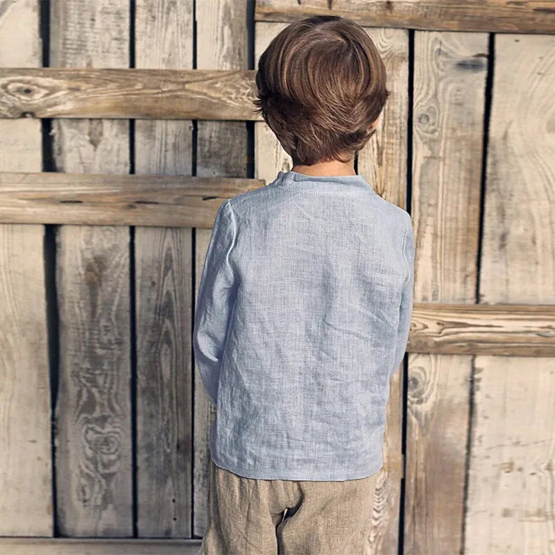 Baby long sleeve top in cotton and linen, blue and white, for 90-130cm height
