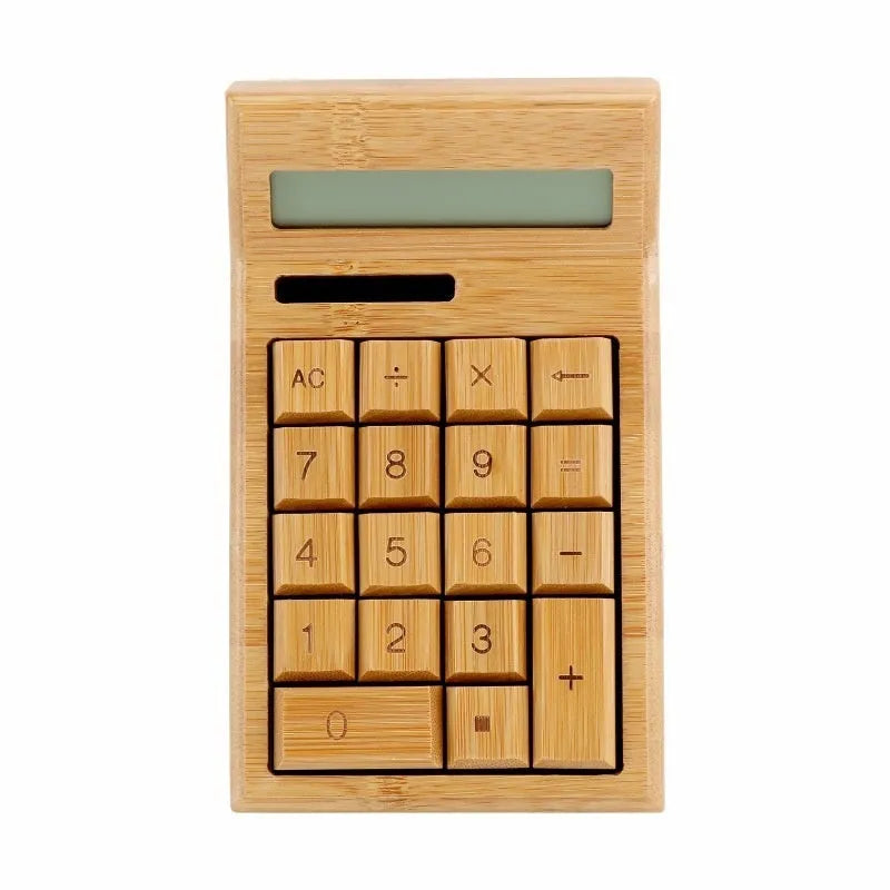 Solar bamboo calculator with natural bamboo casing and solar panel on office desk