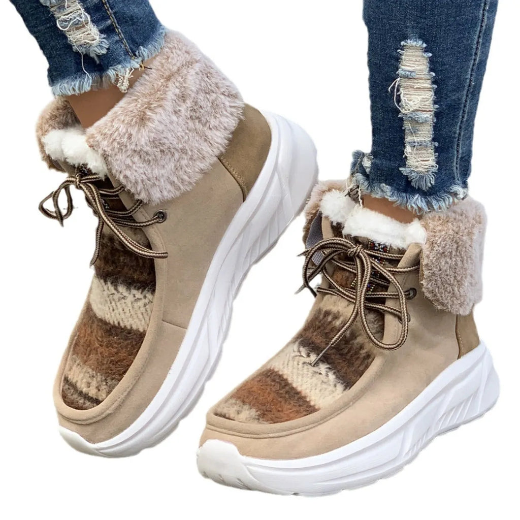 Women's lace-up snow boots with fuzzy lining and non-slip rubber soles in beige, black, and brown colours