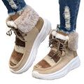 Women's lace-up snow boots with fuzzy lining and non-slip rubber soles in beige, black, and brown colours