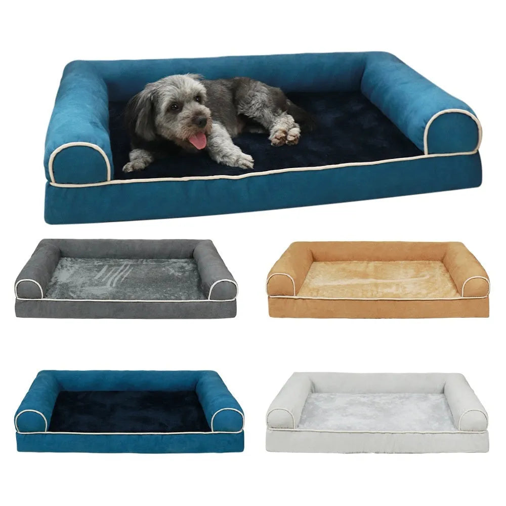 Square sponge dog bed in blue colour showing raised breathable design and cloth cover.