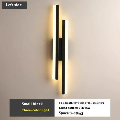 Modern minimalist Scandinavian LED wall light with acrylic shade in black or gold finish, shown in 48cm, 50cm, and 65cm sizes.
