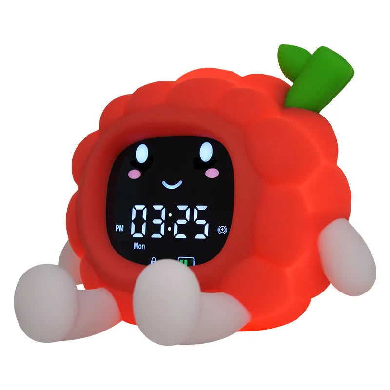 Cartoon lychee alarm clock with white noise feature, silicone shell in litchi colour, and mobile phone holder
