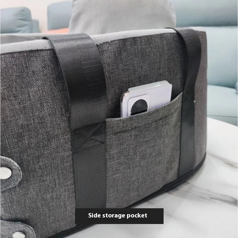Cloth pet carrier bag for small dogs and cats, 38cm by 25cm by 23cm, dark gray with structured shape