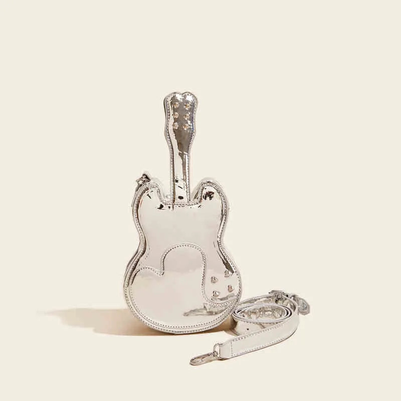Guitar-inspired creative arts PU crossbody shoulder bag in one of five colours: silver, black, yellow, blue, or pink.