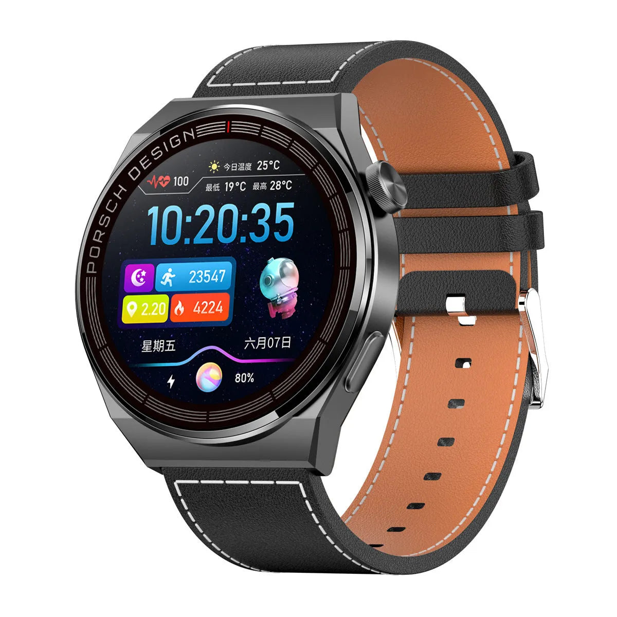Smartwatch with black or silver case and choice of silicone, leather, or stainless steel strap on wrist