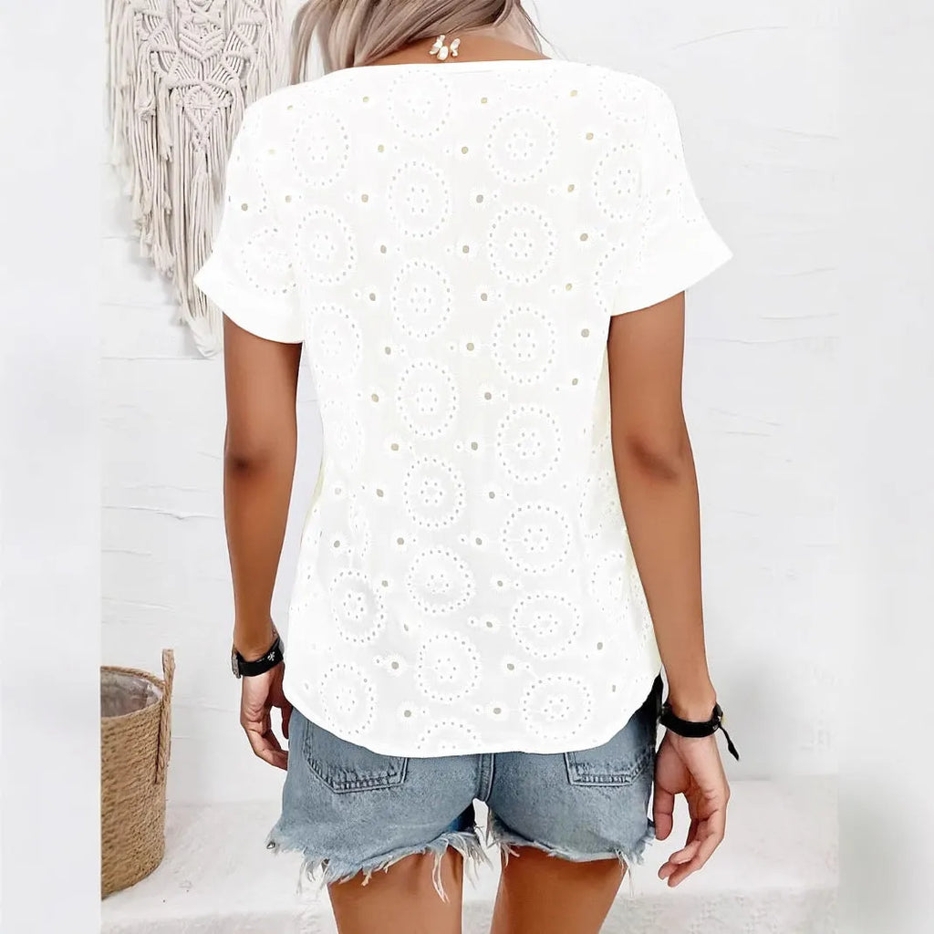White women's V-neck T-shirt with hollow-out design detail and short sleeves.