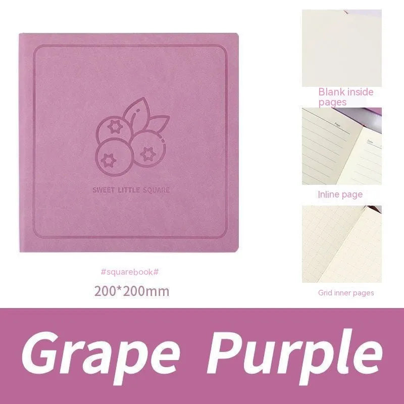 Square faux leather notebook with mesh cover, shown open on blank, checkered, and lined page options.