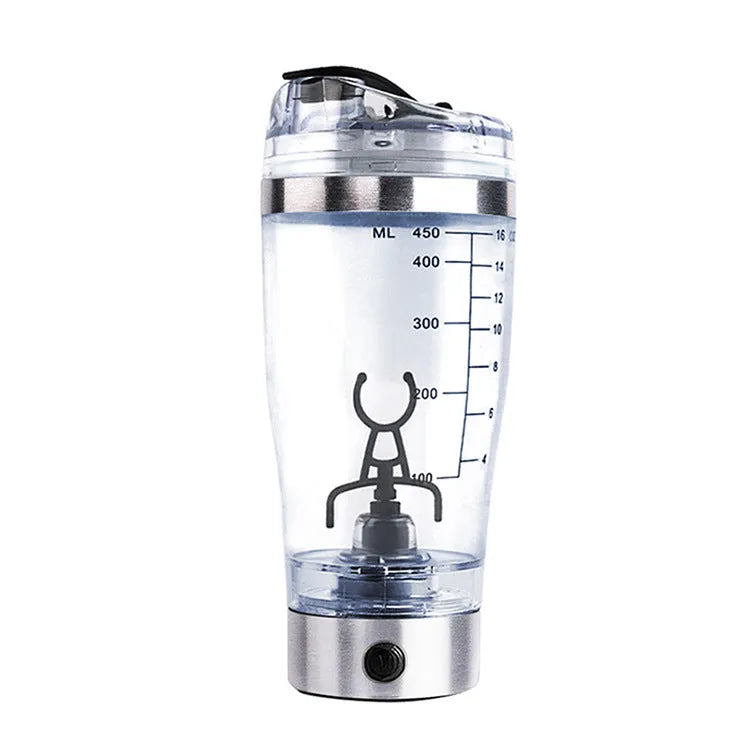 Electric protein shake stirrer with USB rechargeable base, 450ml clear cup, and 304 stainless steel bottleneck ring