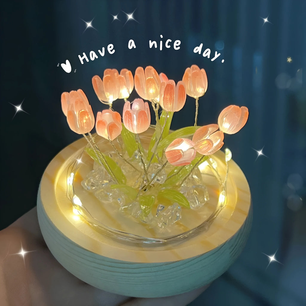 LED tulip artificial flower small night lamp in pink with battery-powered base, cartoon style decorative light