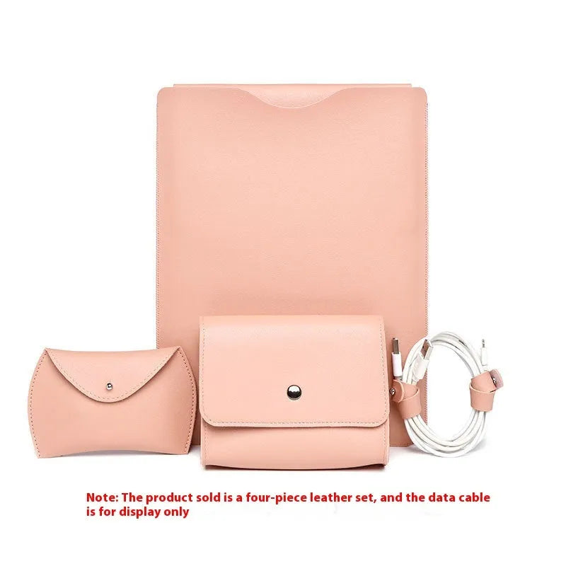 Set of four imitation leather laptop edge protector pieces in apricot, brown, gray and light pink.