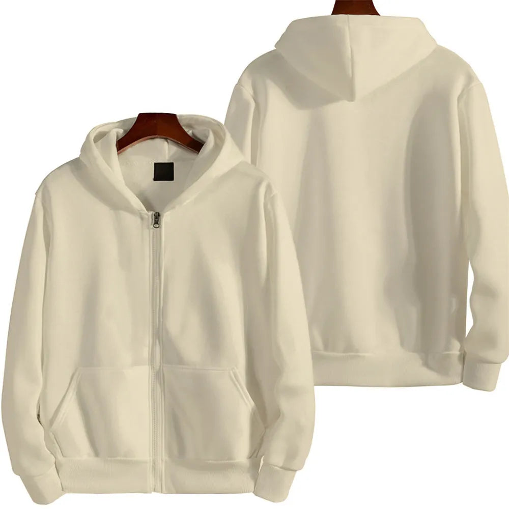 A man's loose fit solid colour zip-up sports jacket in a cardigan style.