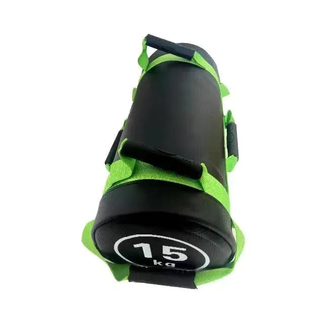White PVC training sandbag for fitness and weight lifting, shown with weight options from 5KG to 30KG.