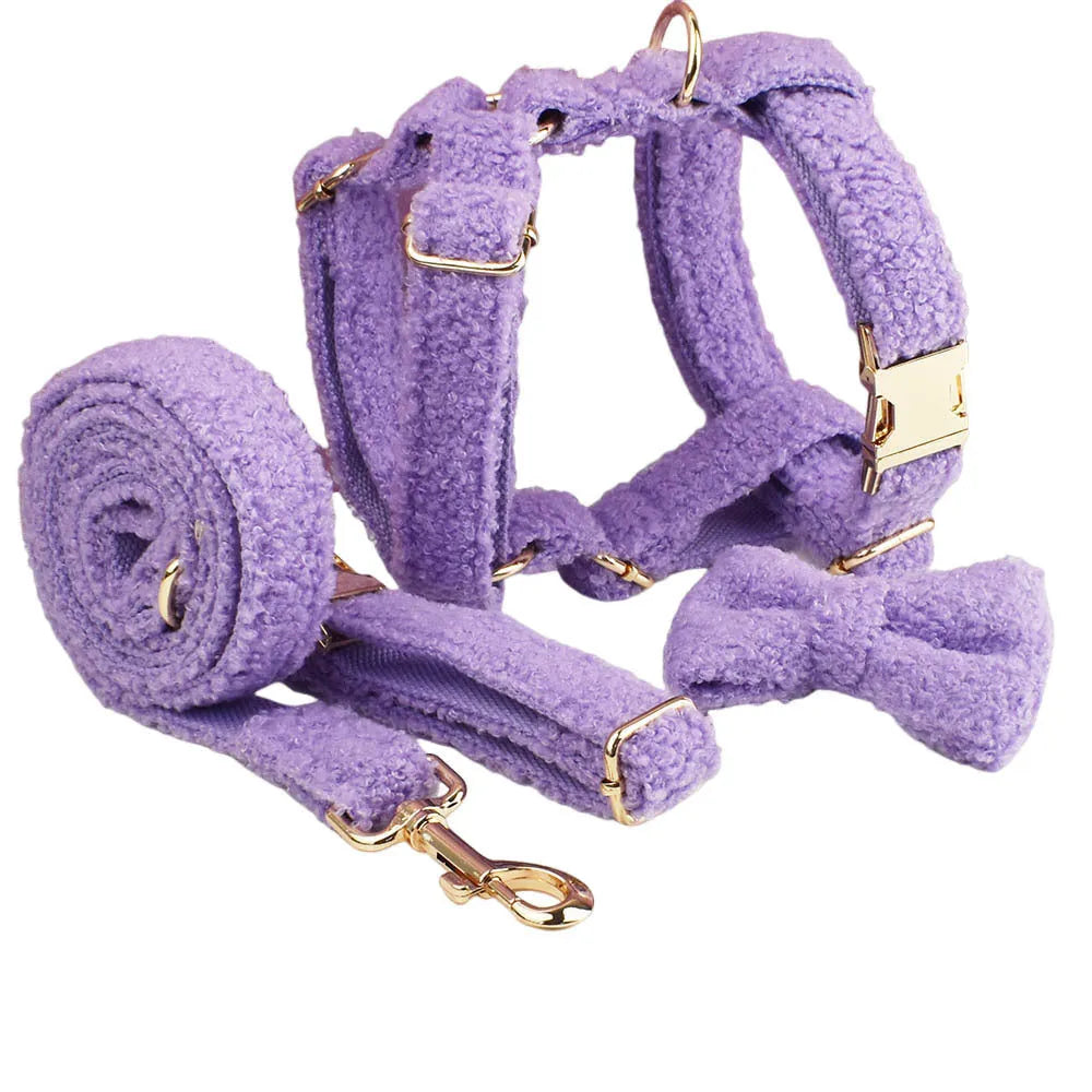 Purple cloth dog collar, leash, bow, and vest set for small dogs