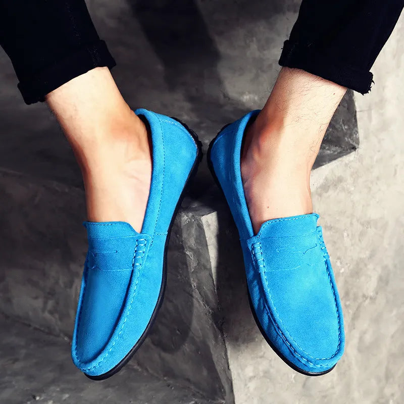 Men's brown suede Gommino loafers with round toe and flat rubber sole, plus size
