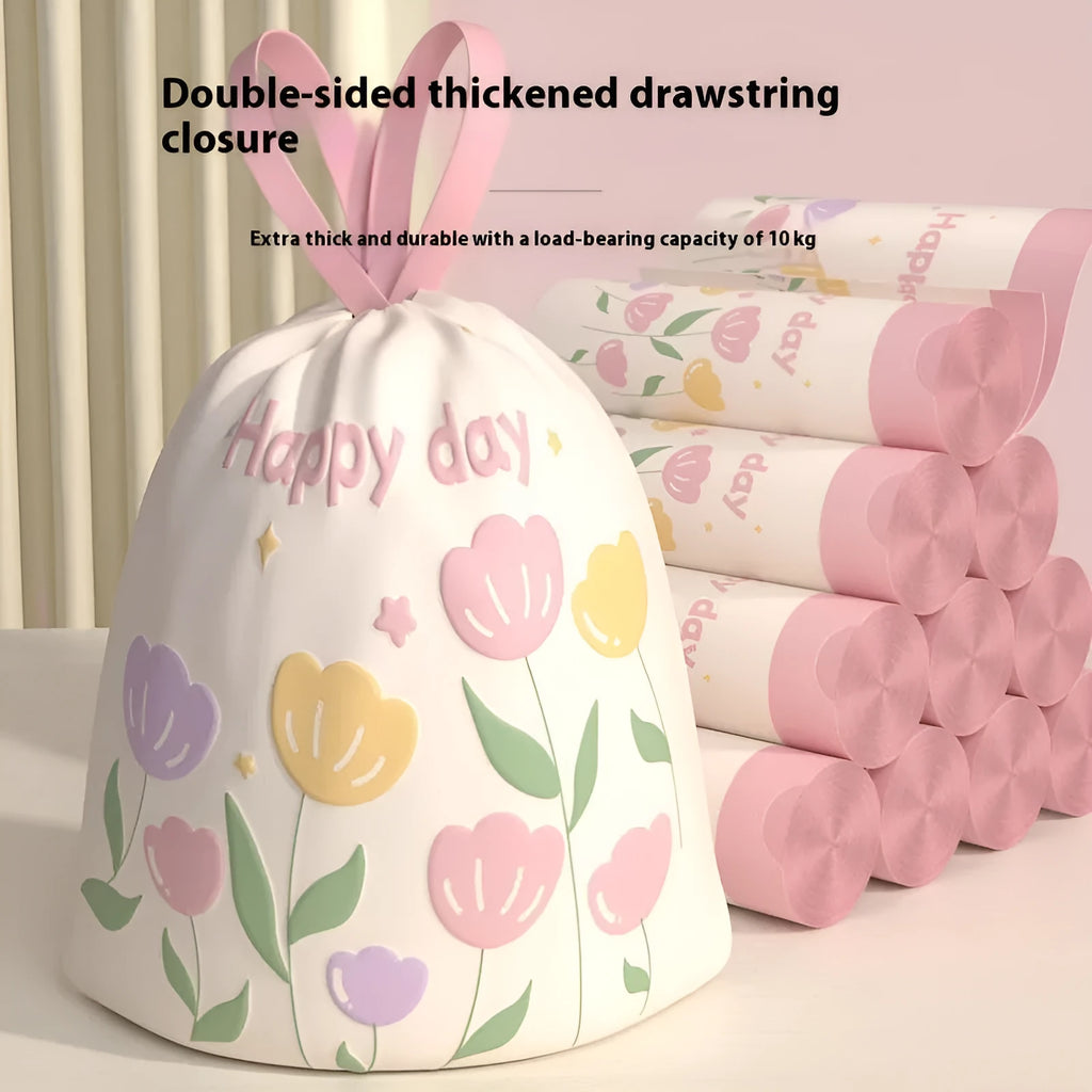 Pink degradable drawstring garbage bag with argy wormwood mosquito repellent formula.