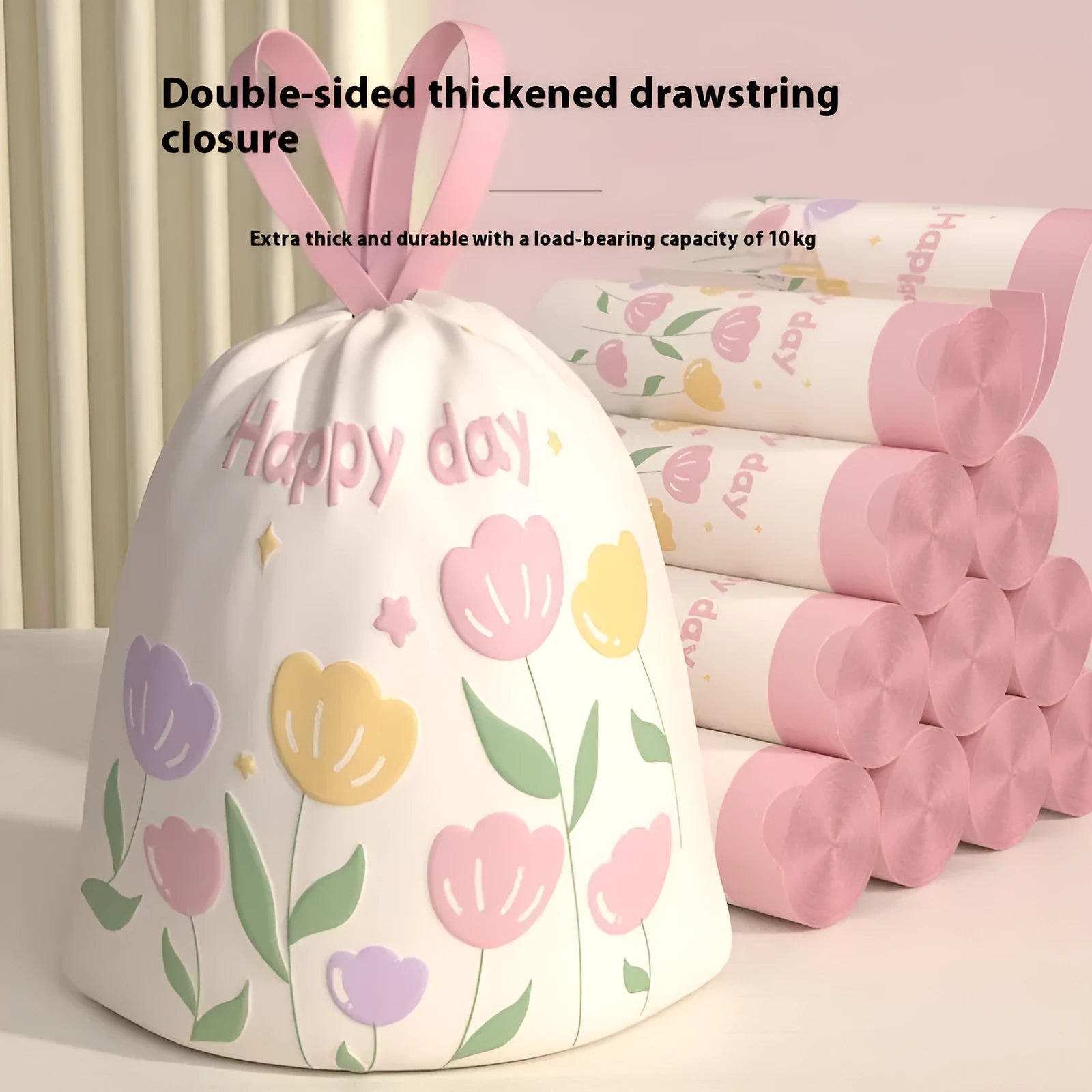 Pink degradable drawstring garbage bag with argy wormwood mosquito repellent formula.