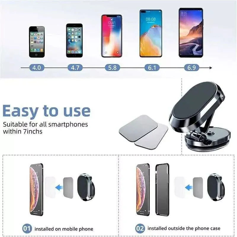 Chrome magnetic car phone holder dashboard mount folded and extended views showing foldable bracket and adhesive base