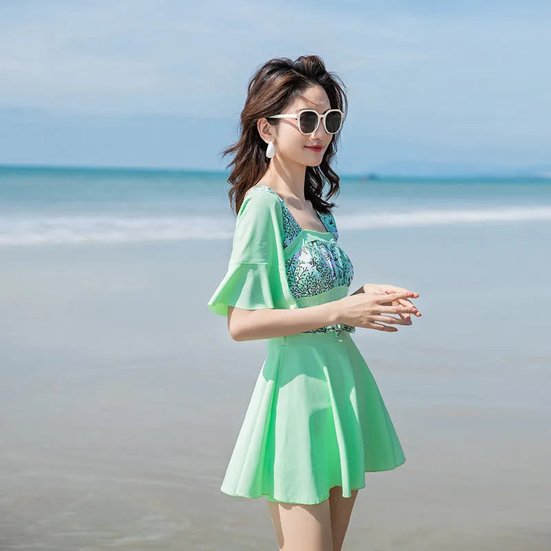 Women's green and blue seaside floral print one-piece swimsuit in chemical fibre blend fabric