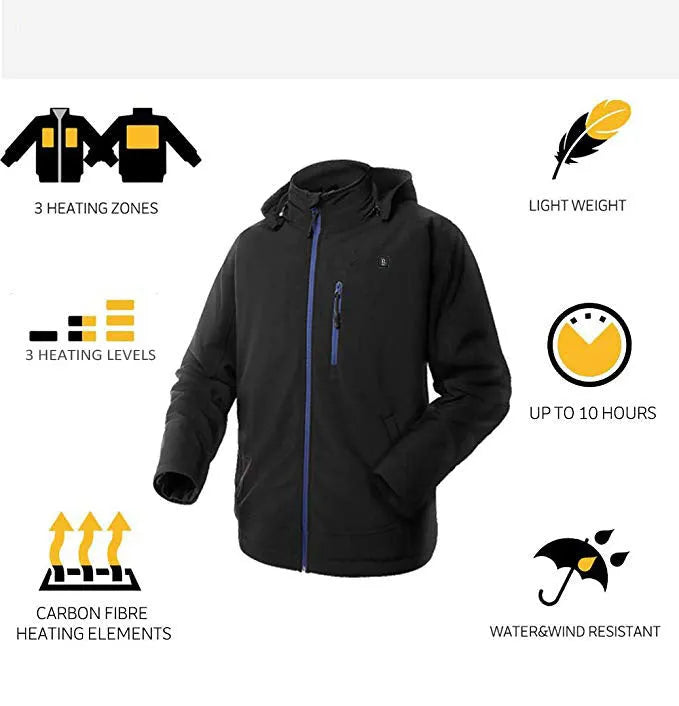 Black USB heated winter waterproof windproof coat for men with long sleeves and straight hem design