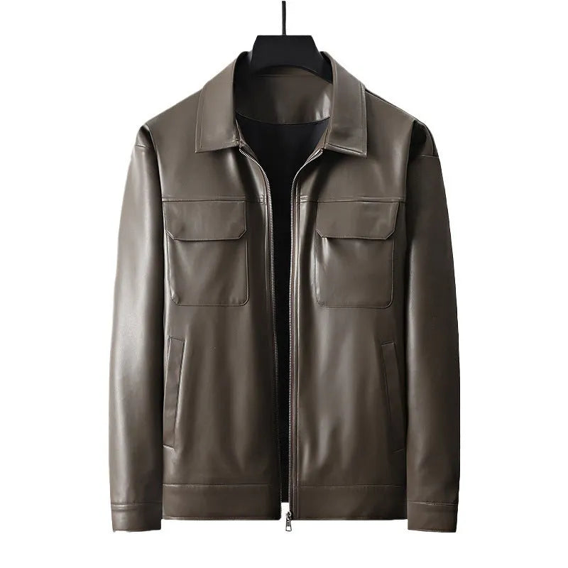 Men's lapel business casual jacket in black artificial leather loose fit with normal 50cm length
