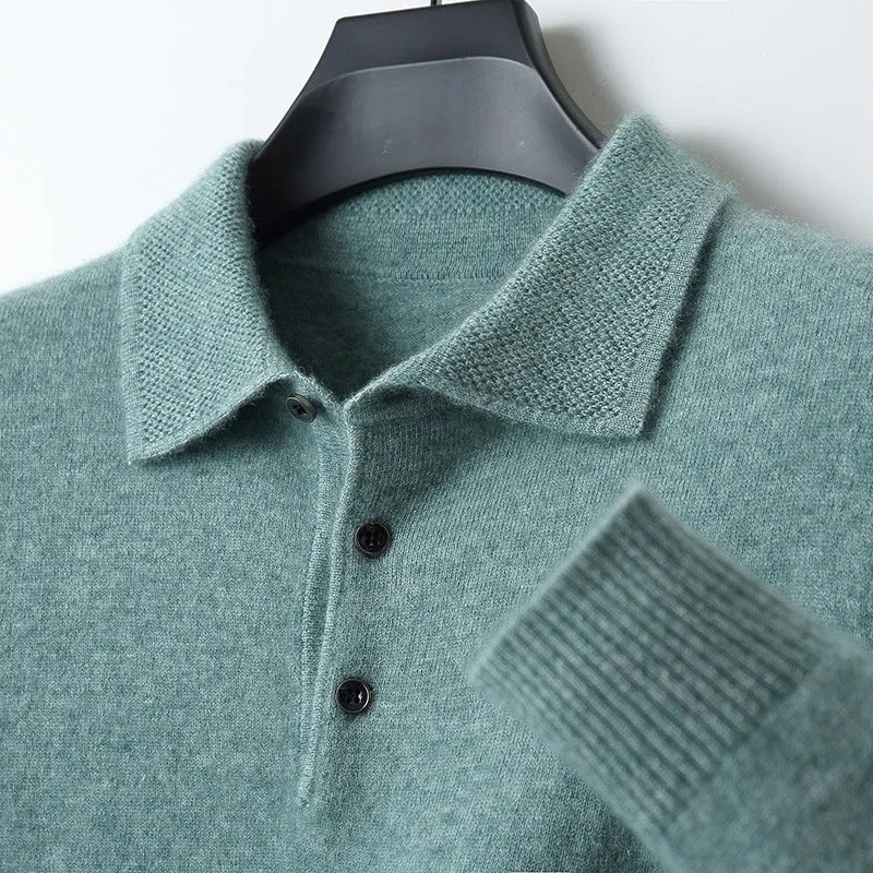 Men's grey wool pullover sweater with a polo collar and long sleeves on a hanger.