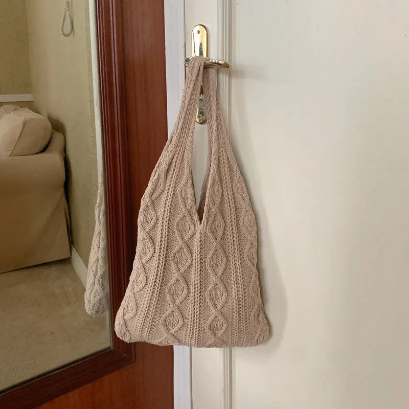 GWomen retro hollow knitted woolen yarn shoulder tote bag in khaki, large 55x37cm size, double straps
